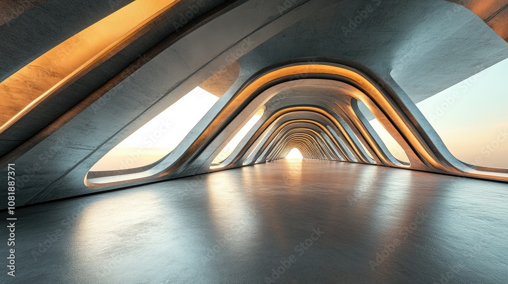 Poster 3D render of abstract futuristic architecture with empty concrete floor