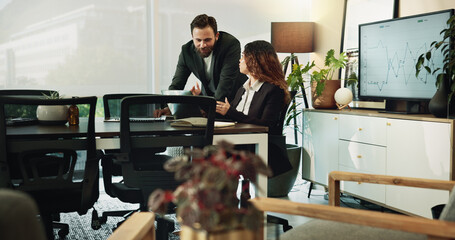 Laptop, business people and team training, help and feedback for collaboration on financial...