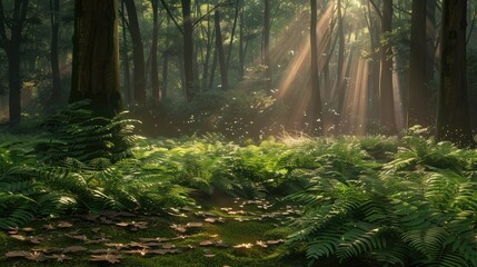 Obraz premium Lush ferns in a mystical forest clearing, sunlight streaming through trees
