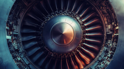 Obraz premium intricate design of jet engine showcases its individual parts, highlighting engineering marvel behind aviation technology. powerful turbine blades create sense of motion and energy