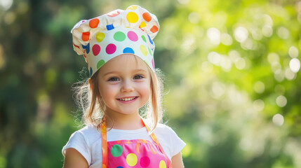 cheerful girl wearing colorful polka dot chef hat and apron smiles brightly in sunny outdoor setting, radiating joy and creativity