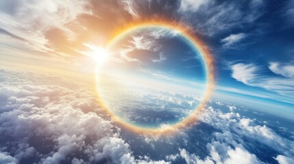 Breathtaking View of a Circular Halo Around the Sun Surrounded by Dramatic Clouds and a Vibrant Sky Overhead Captured in High Definition