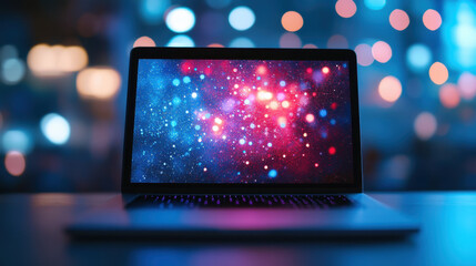 laptop on desk displays abstract data background with vibrant colors, creating modern and tech savvy atmosphere. colorful bokeh lights enhance visual appeal