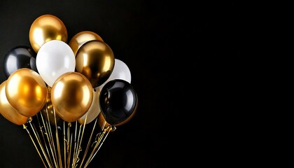 Obraz premium Golden white and black colored balloons on black background. Black Friday concept.