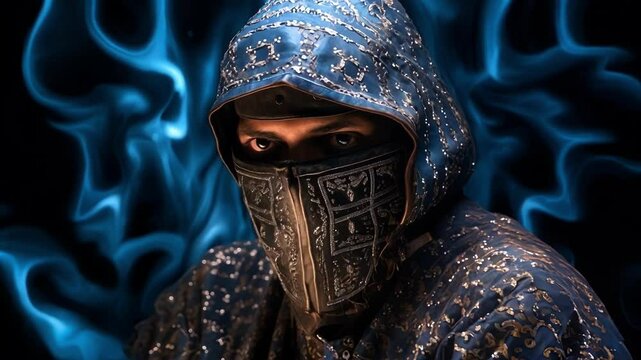 Mysterious assassin in medieval attire stares intensely, exuding danger and secrecy against a dark blue backdrop. Perfect for cosplay or gaming enthusiasts seeking a dark persona