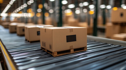 Cardboard packages travel along a conveyor system inside a bustling warehouse where logistics teams oversee storage and distribution