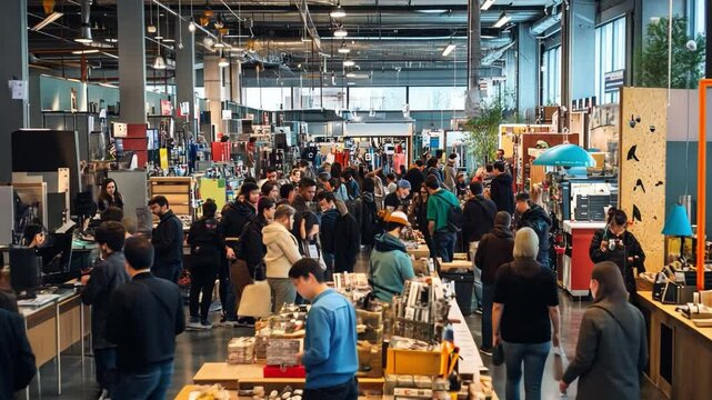 Bustling Market Atmosphere: A vibrant overhead shot captures the energy of a crowded indoor market, showcasing diverse vendors and shoppers immersed in a lively atmosphere.