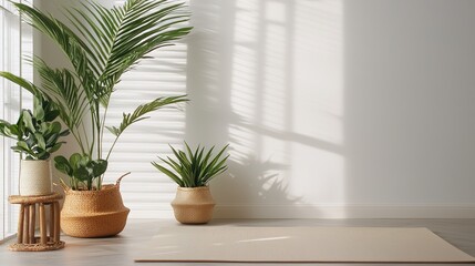A minimalist home gym setup, with yoga mat, weights, and plants for a peaceful vibe