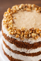 Pumpkin or carrot layered cake with coconut and caramel cream frosting decorated with walnut. Vegan cake, sugar, gluten and lactose free. Close up. Vertical orientation.