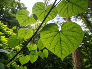 Heart Shaped Green Leaves in Nature's Embrace: A Close-Up Exploration of Unique Flora Highlighting the Beauty of Heart-Shaped Leaves Against a Vibrant Background