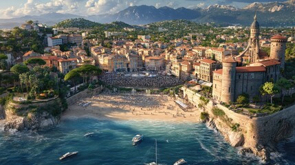 A breathtaking aerial view of a coastal town, featuring charming buildings and a vibrant beach scene with turquoise waters.