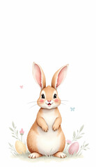 Cute cartoon bunny with Easter eggs and flowers on a white background with copy space