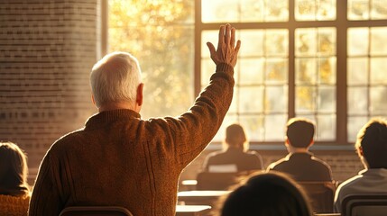 An elderly Caucasian man raises his hand in a warm-lit classroom, seeking to contribute to the discussion.