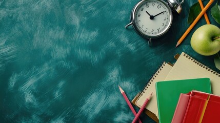 A collection of school supplies including an alarm clock, notebooks, colored pencils, and a green apple on a teal background.