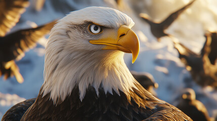 Obraz premium Majestic bald eagle with striking features, soaring in sky surrounded by other birds, showcasing its powerful presence and keen gaze