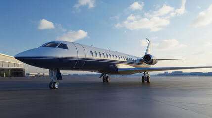 sleek private jet parked on tarmac under clear blue sky, showcasing its modern design and elegant colors. scene evokes sense of luxury and travel