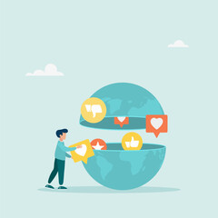 Communication on social networks. A person opens the globe to see positive or negative feedback on social media.  Flat vector illustration
