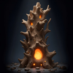Surreal petrified wood sculpture glowing with inner light in a void, ethereal atmosphere, 3D illustration