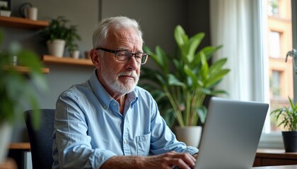 Obraz premium An elderly Caucasian man in his late seventies working intently on a laptop in a cozy home office surrounded by greenery during the morning
