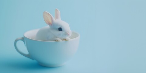 White bunny sitting in mint teacup on pastel background, horizontal banner for Easter greeting card, spring social media, children's brand, pet shop, tea cafe, whimsical holiday marketing, copy space