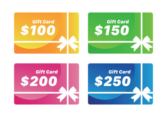 Gift card with dollar bonus , Customer gift reward bonus card 100$,150$,200$,250$ , collect bonus card vector