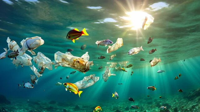 Colorful fish swim through a polluted ocean environment filled with plastic waste, highlighting marine issues
