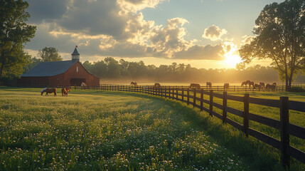 Large open horse breeding farm with beautiful stables, well-maintained paddocks, and healthy horses roaming freely in a natural environment.