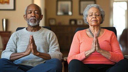 Elderly couple practicing chair yoga together in a cozy living room, enjoying relaxation and connection through seated exercises