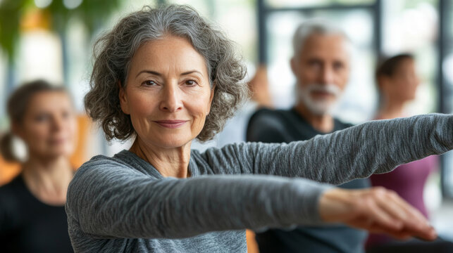 Seniors enjoy a vibrant chair yoga class at a community center with guidance from a dedicated instructor in a bright and spacious room - Powered by Adobe