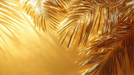 Golden palm leaves casting shadows against a warm, golden background, creating a vibrant and luxurious atmosphere.
