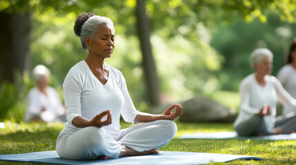 Active aging and mindfulness: An African American woman practices yoga in a sunny park surrounded by fellow seniors enjoying the tranquility of nature