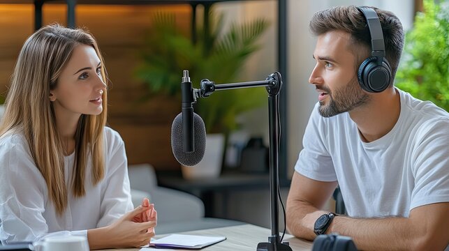 A young Caucasian man and woman engage in a lively podcast discussion in a modern studio setting.