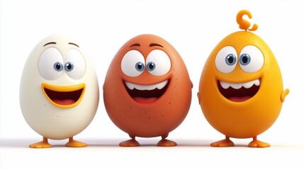 Three cartoon eggs with happy expressions, a white one, a brown one, and an orange one with a chick coming out of its shell.