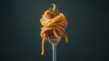 A fork with a single serving of spaghetti and tomato sauce against a dark background.