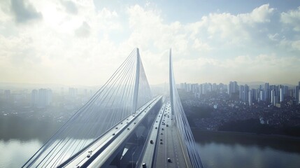 Obraz premium A stunning aerial view of a modern suspension bridge with sleek cables, spanning a river against a city skyline.
