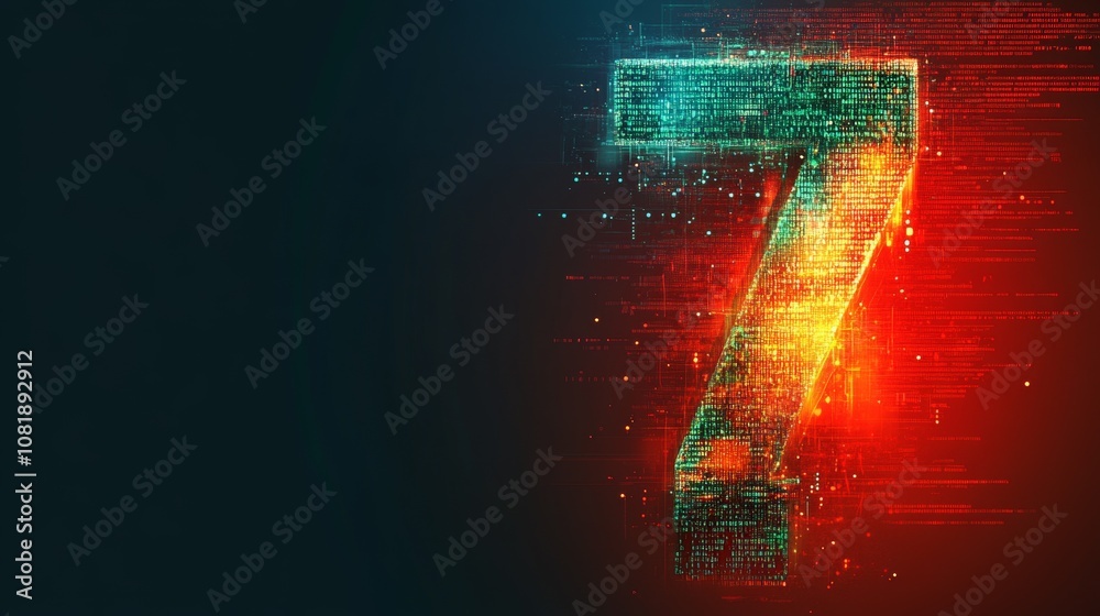 Poster digital number seven shines with colorful particles and data streams on a dark, futuristic backgroun
