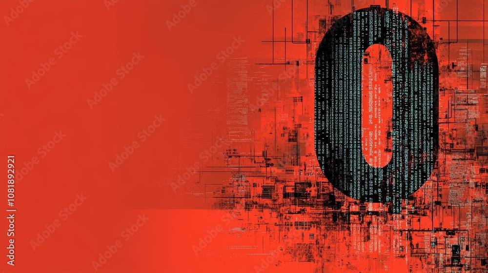 Poster abstract design featuring large zero on red background with digital patterns and textures