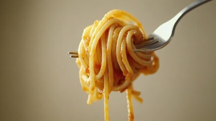 A fork holds a single serving of spaghetti with tomato sauce.