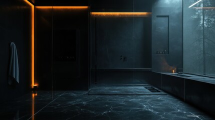 Modern Black Bathroom with a Window View of a Snowy Forest