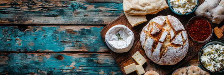 Top view of Lori traditional bread and a variety of homemade cheeses on a wooden surface