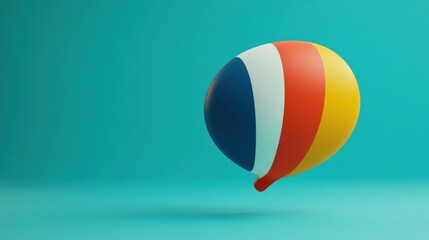A colorful 3D speech bubble with a blue, white, red, and yellow striped pattern, against a turquoise background.