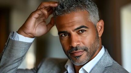 Senior man styles modern pompadour hairstyle at home before formal event, showcasing his confidence and fashion sense
