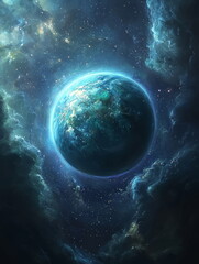 Obraz premium A lush blue-green planet with swirling white clouds, surrounded