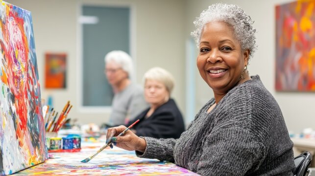 Elderly woman engages in art therapy at a community center, creating vibrant abstract paintings with fellow seniors - Powered by Adobe