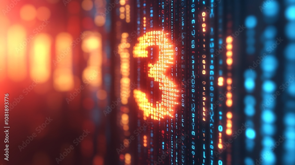  vibrant digital display with glowing number three against a backdrop of streaming binary code in a m