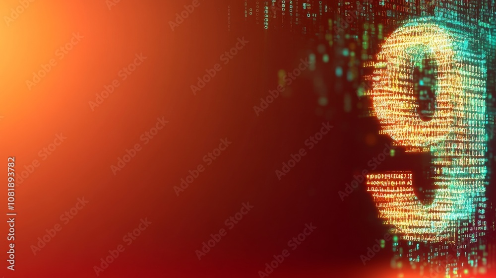 Poster digital representation of the number nine illuminated with binary code against a vibrant background