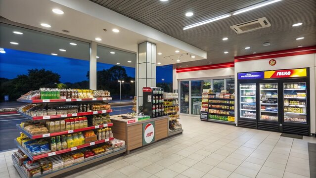 Inside a Modern Gas Station with Well-Stocked Aisles and Bright Lighting, Featuring a Convenient Checkout Area and Ample Copy Space for Promotions and Advertisements