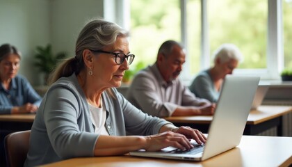 A senior woman attentively engages with a laptop in a bright classroom setting during a technology skills workshop for older adults