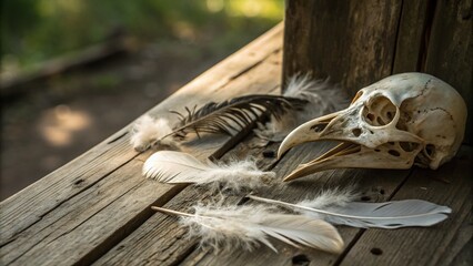 Intricate Dead Bird Skull with Feathers on a Rustic Surface, Capturing Nature's Beauty and the Cycle of Life, Perfect for Artistic and Educational Purposes
