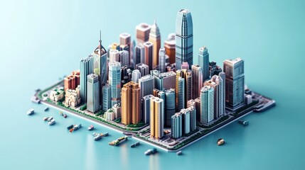 A miniature model of a modern cityscape with skyscrapers, roads, and boats in a blue water setting.